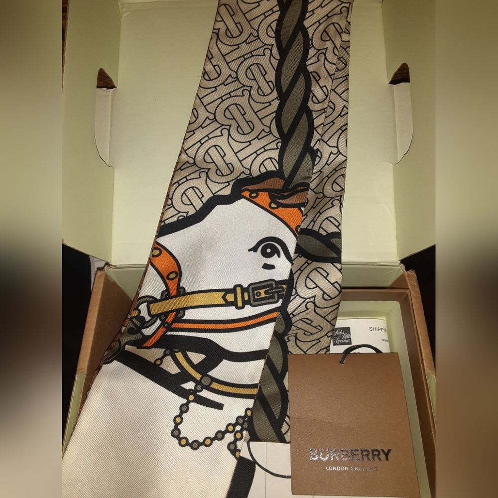 Burberry Unicorn and Monogram Print Silk Skinny Scarf